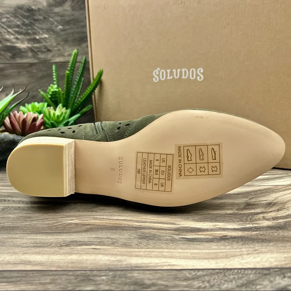 NIB Soludos Lola Perforated Pointed Toe Heeled Ankle Bootie Boots Olive Suede 8M - Picture 9 of 14